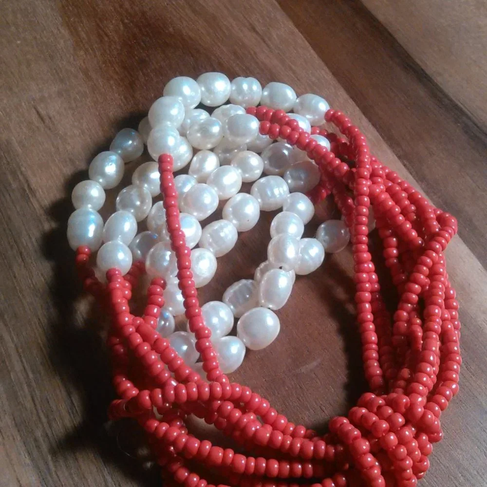 Red Seed Bead and Faux Pearl Multi-Strand Stretch Bracelet